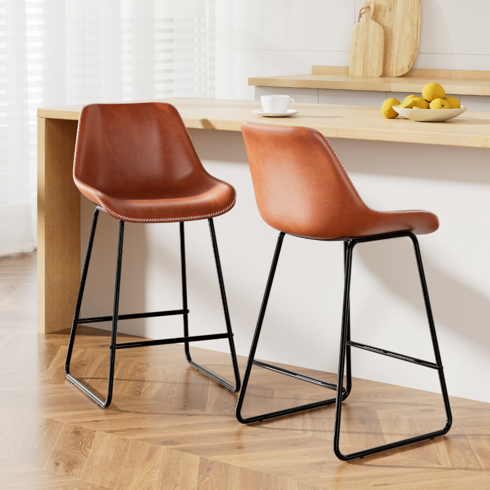 Artiss Bar Stools Kitchen Counter Barstools Leather Metal Chairs Brown x2-Bar Stools-PEROZ Accessories