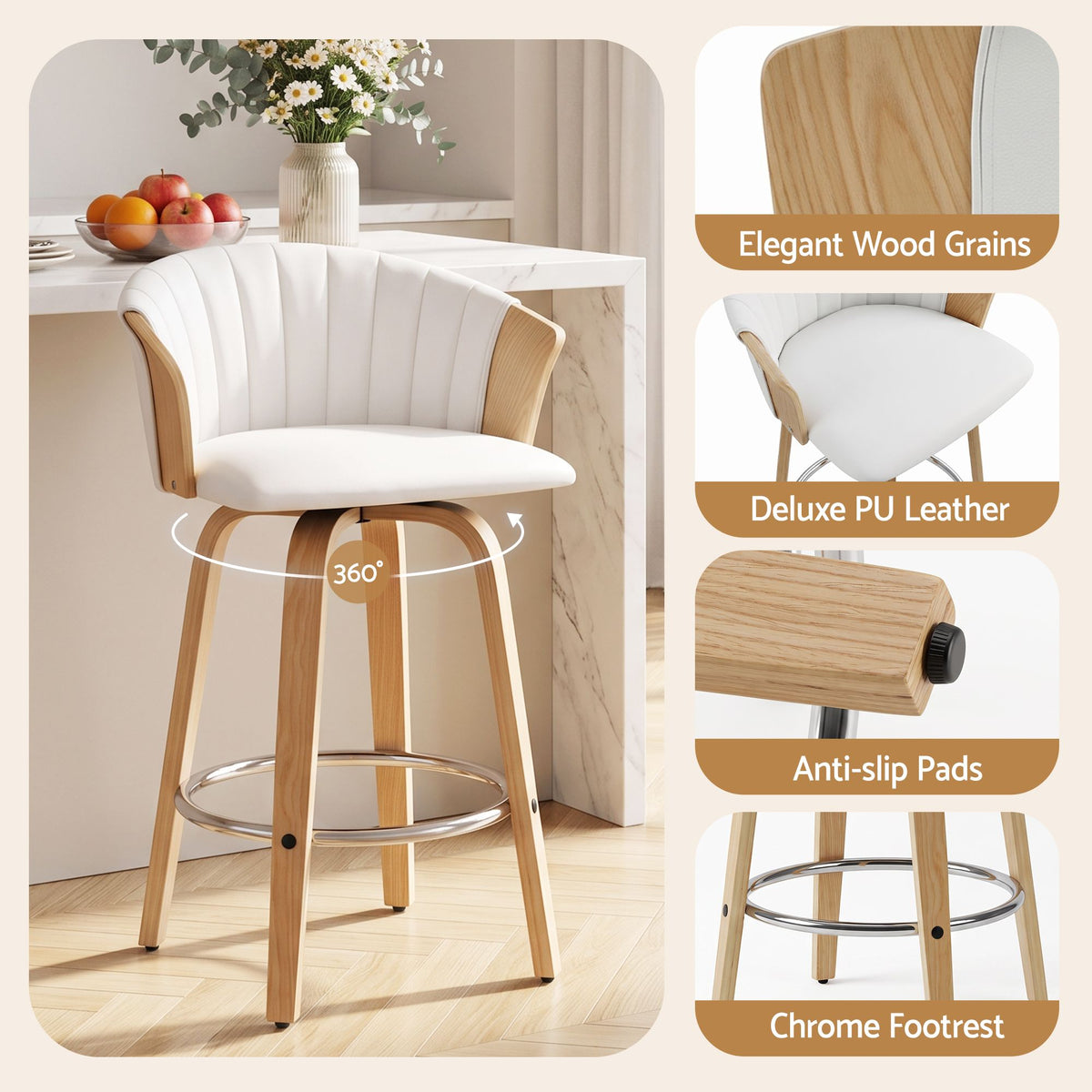 Artiss 66cm Seat Height Wooden Bar Stools Swivel Kitchen Counter Stool Chair-Furniture > Bar Stools &amp; Chairs > Table &amp; Bar Stools-PEROZ Accessories