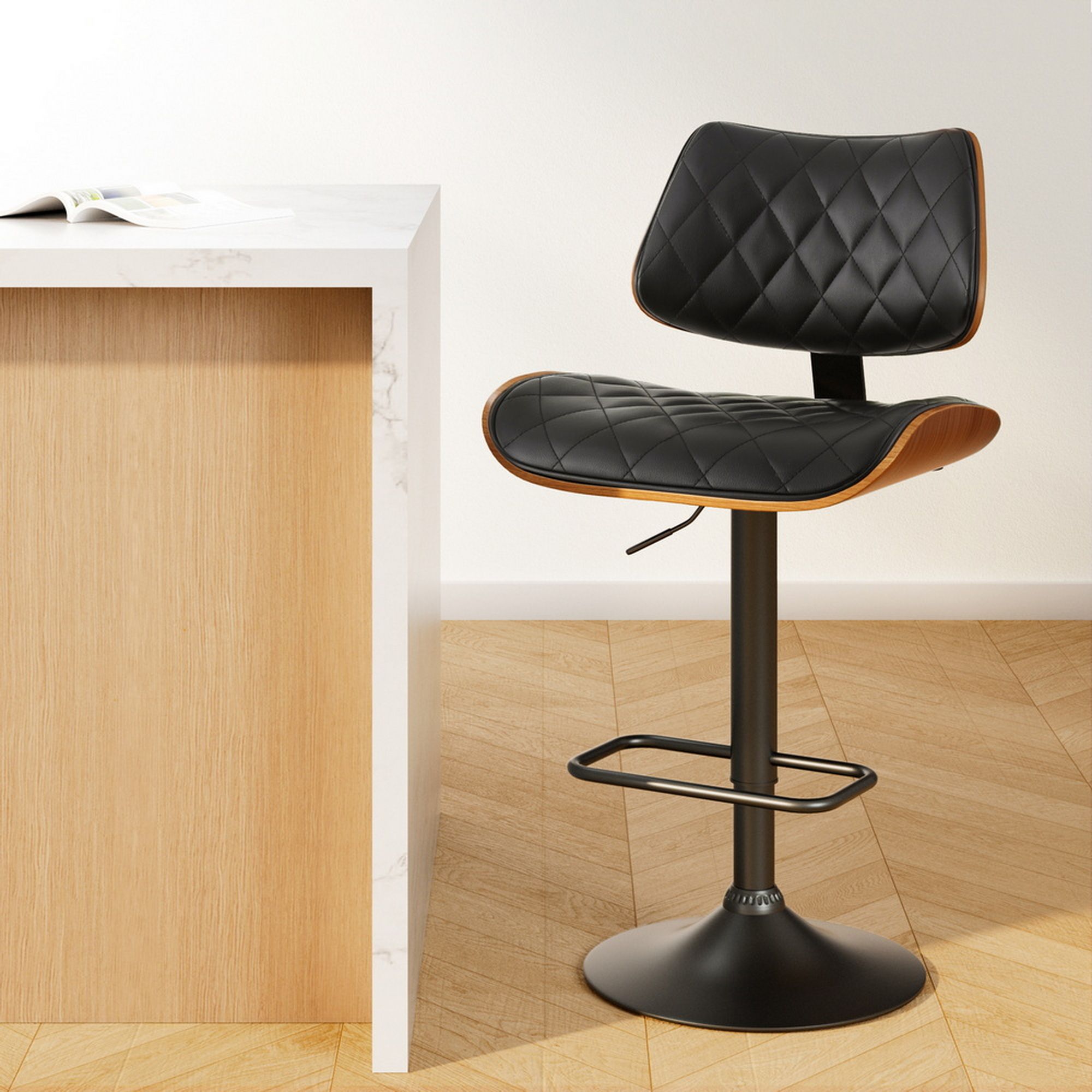 Artiss Bar Stools Kitchen Dining Chairs Gas Lift Stool Wooden Leather Black-Furniture > Bar Stools &amp; Chairs-PEROZ Accessories