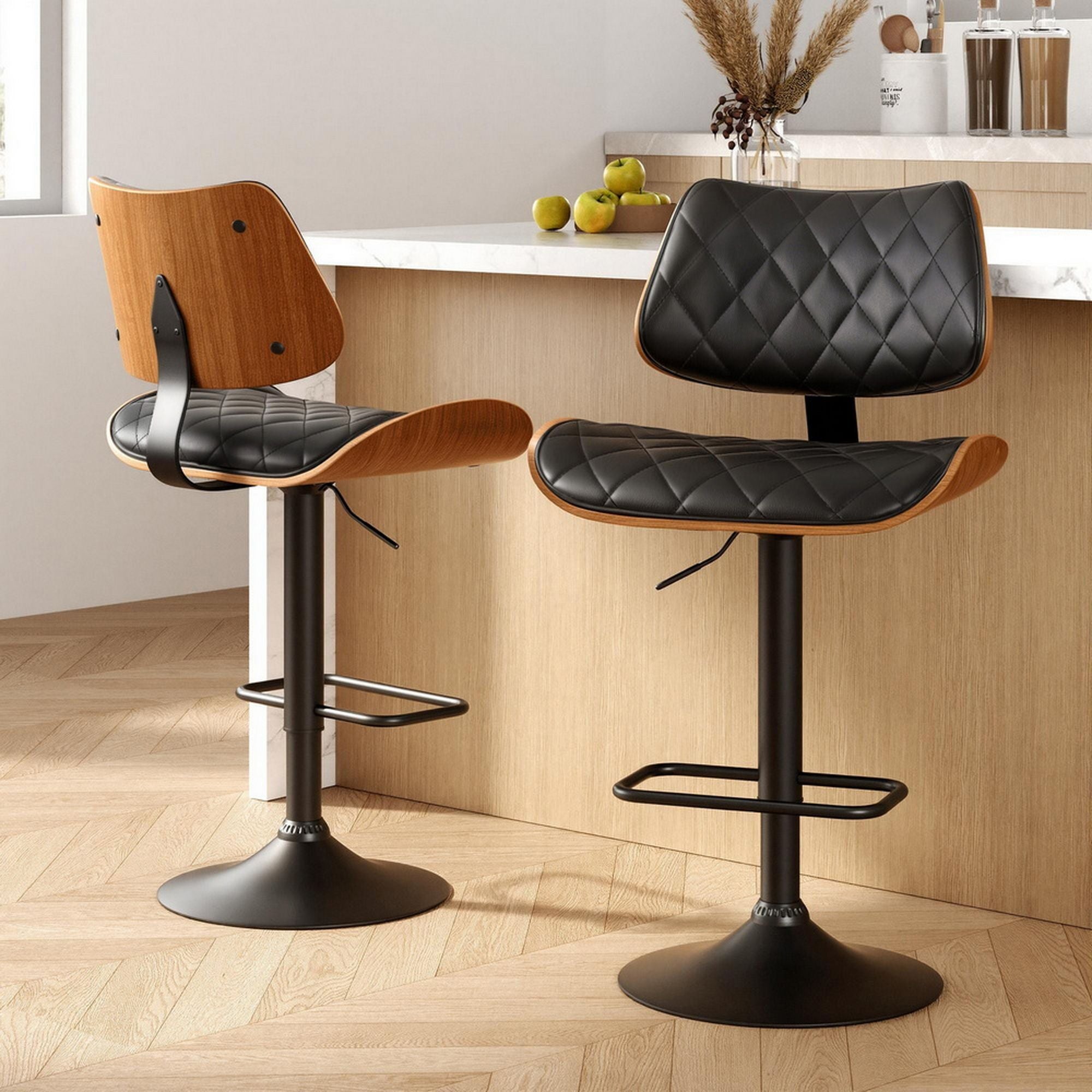 Artiss 2x Bar Stools Kitchen Dining Chairs Gas Lift Stool Wooden Leather Black-Furniture > Bar Stools &amp; Chairs > Table &amp; Bar Stools-PEROZ Accessories