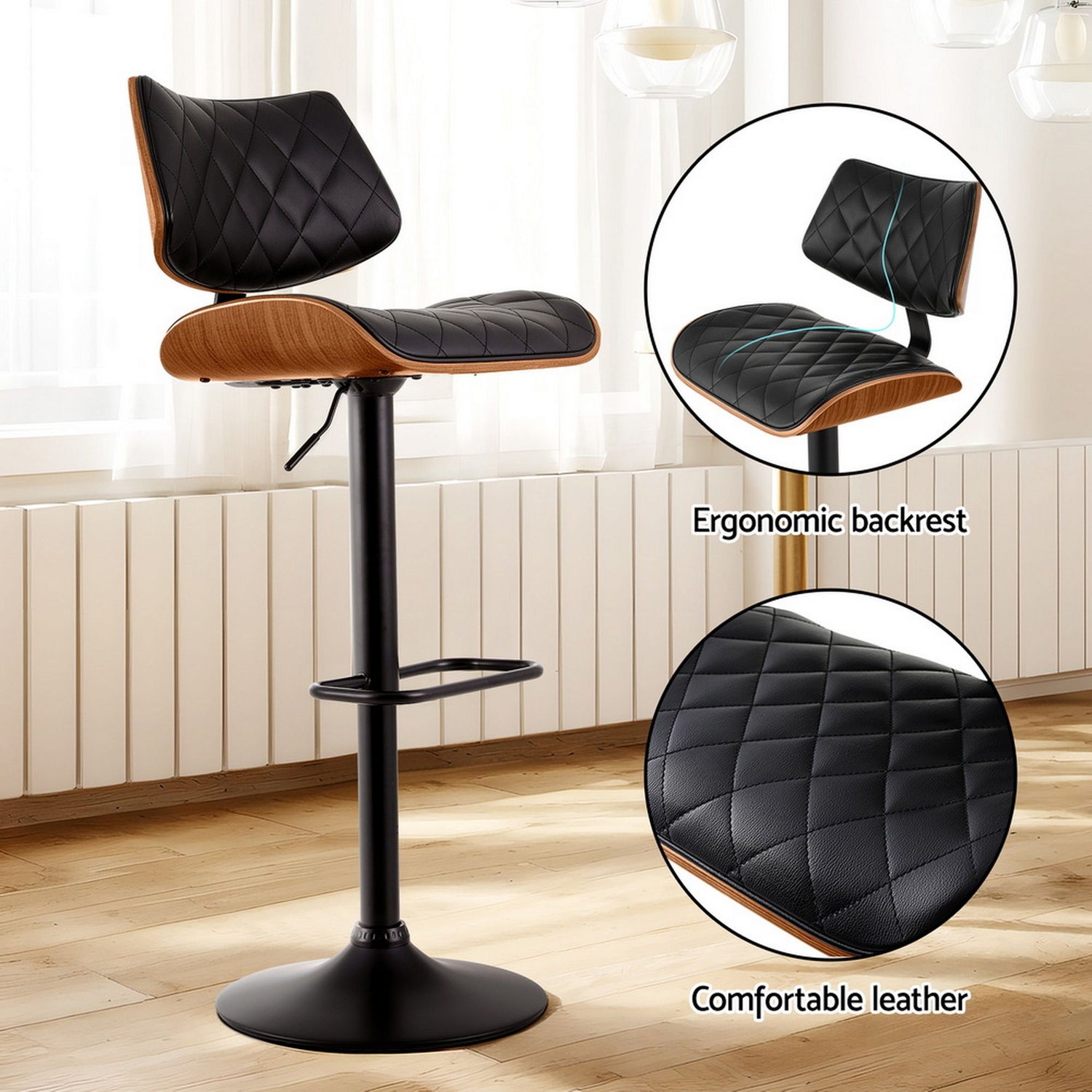 Artiss 4x Bar Stools Kitchen Dining Chairs Gas Lift Stool Wooden Leather Black-Furniture > Bar Stools &amp; Chairs > Table &amp; Bar Stools-PEROZ Accessories