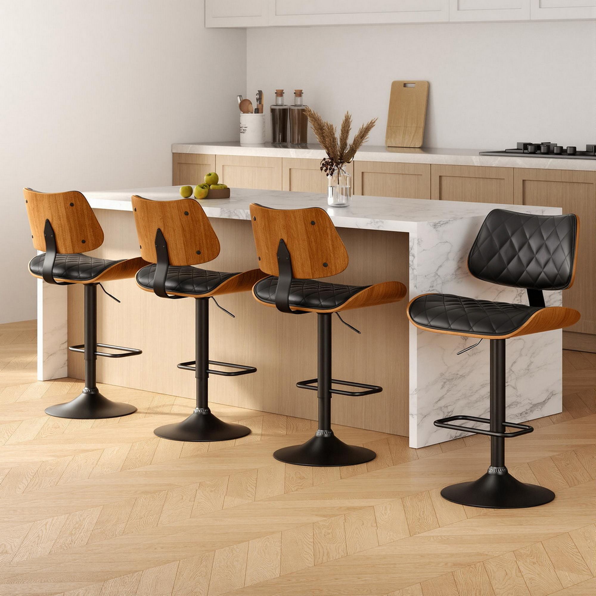 Artiss 4x Bar Stools Kitchen Dining Chairs Gas Lift Stool Wooden Leather Black-Furniture > Bar Stools &amp; Chairs > Table &amp; Bar Stools-PEROZ Accessories