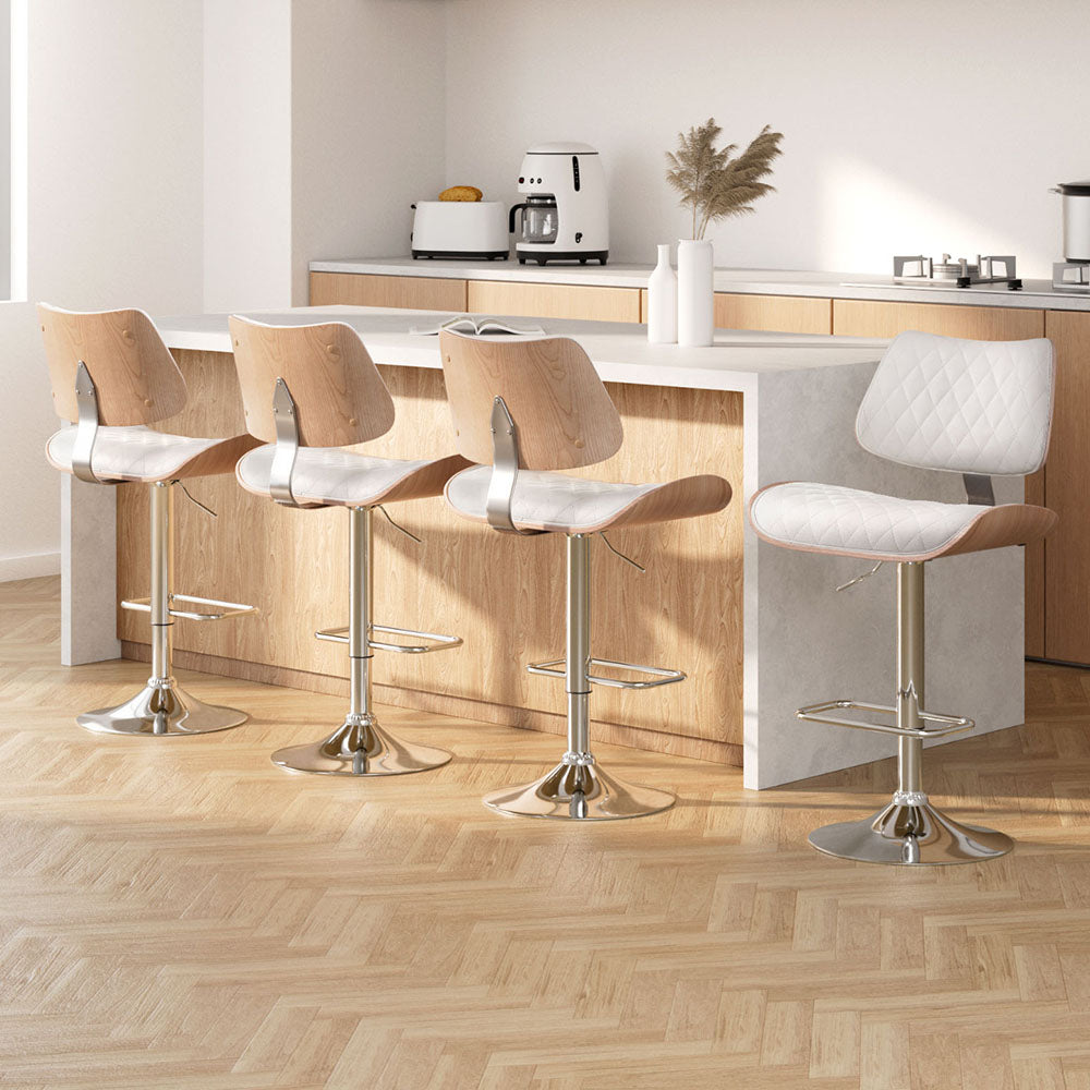 Artiss 4x Bar Stools Kitchen Dining Chairs Gas Lift Stool Wooden Leather White-Furniture &gt; Bar Stools &amp; Chairs &gt; Table &amp; Bar Stools-PEROZ Accessories
