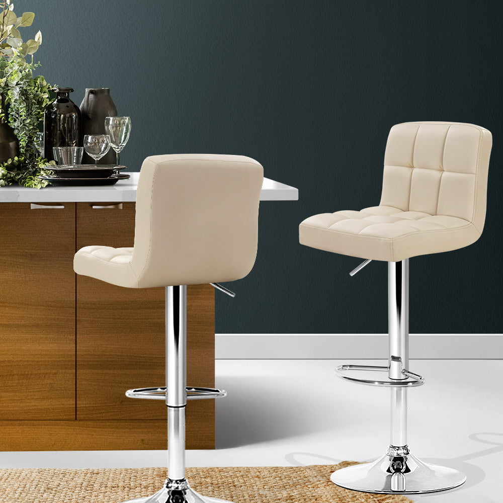 Artiss 2x Bar Stools Leather Gas Lift Beige-Furniture &gt; Bar Stools &amp; Chairs-PEROZ Accessories