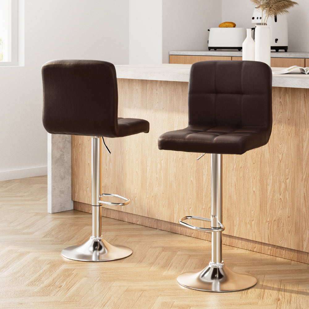Artiss 2x Bar Stools Leather Gas Lift Brown-Furniture &gt; Bar Stools &amp; Chairs-PEROZ Accessories