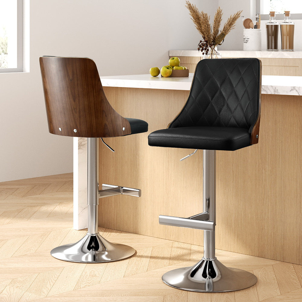 Artiss 2X Bar Stool Wood Swivel Adjustable Kitchen Counter Stool Leather Black-Furniture &gt; Bar Stools &amp; Chairs &gt; Table &amp; Bar Stools-PEROZ Accessories