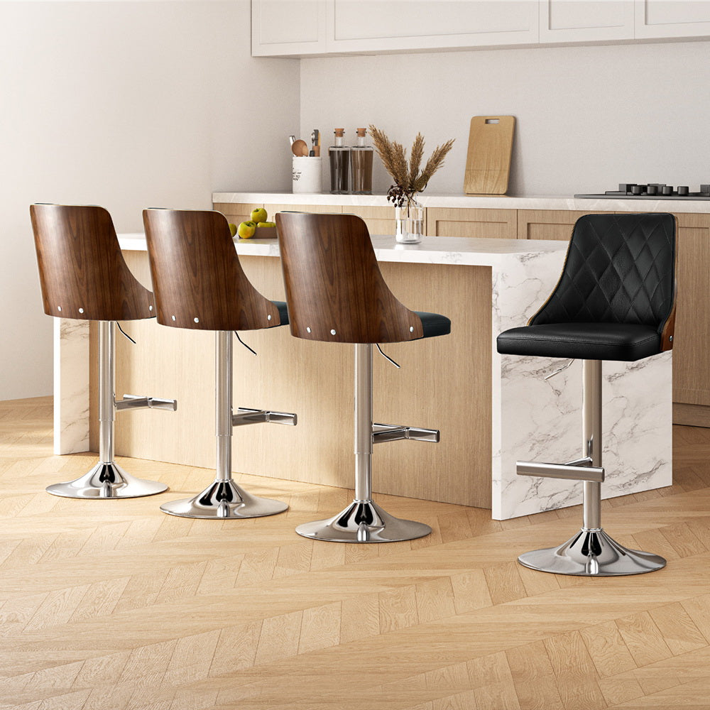 Artiss 4X Bar Stool Wood Swivel Adjustable Kitchen Counter Stool Leather Black-Furniture &gt; Bar Stools &amp; Chairs &gt; Table &amp; Bar Stools-PEROZ Accessories