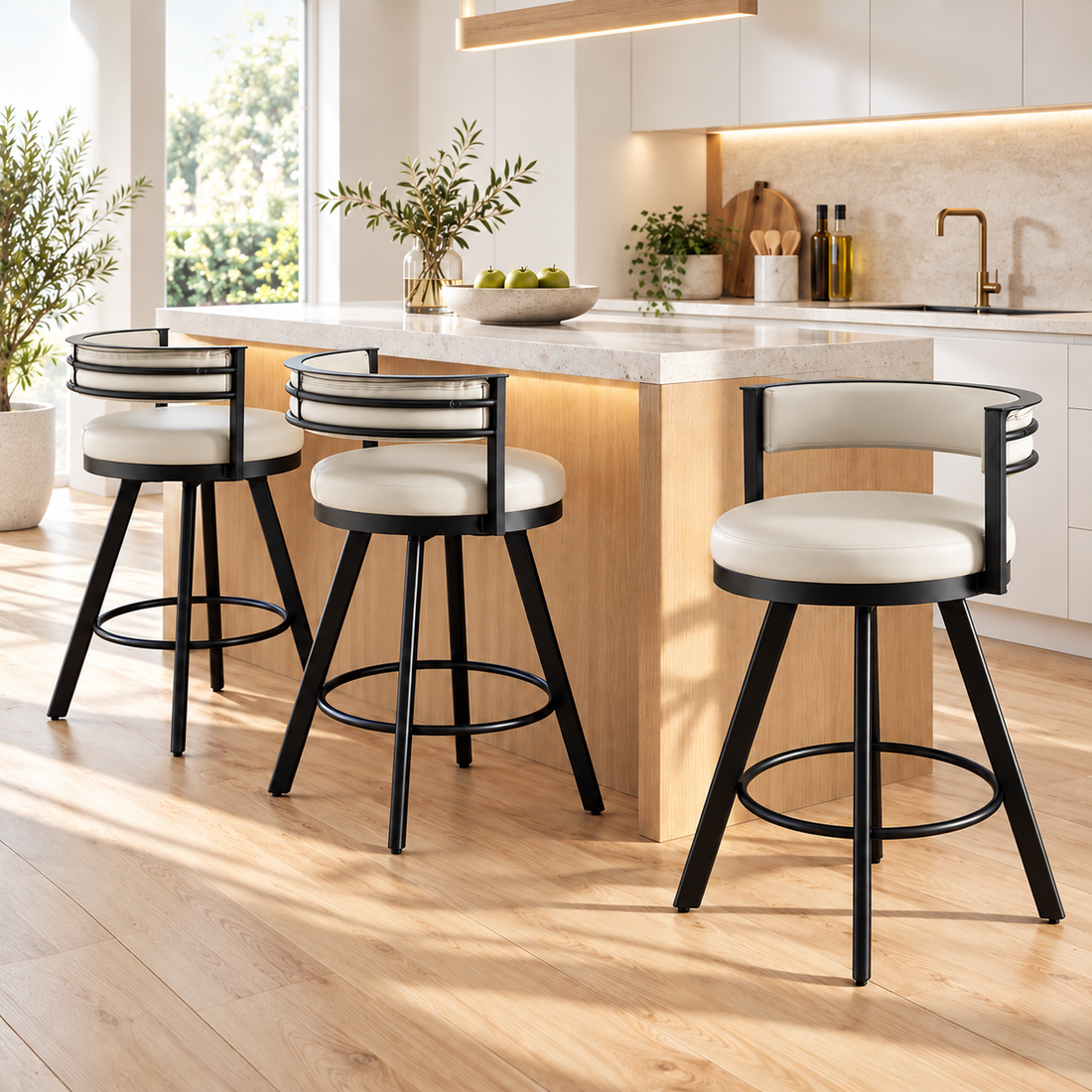 Artiss Bar Stools Set of 3 Swivel Counter Stools with Padded Backrest PU Leather Beige-Furniture > Bar Stools &amp; Chairs > Table &amp; Bar Stools-PEROZ Accessories
