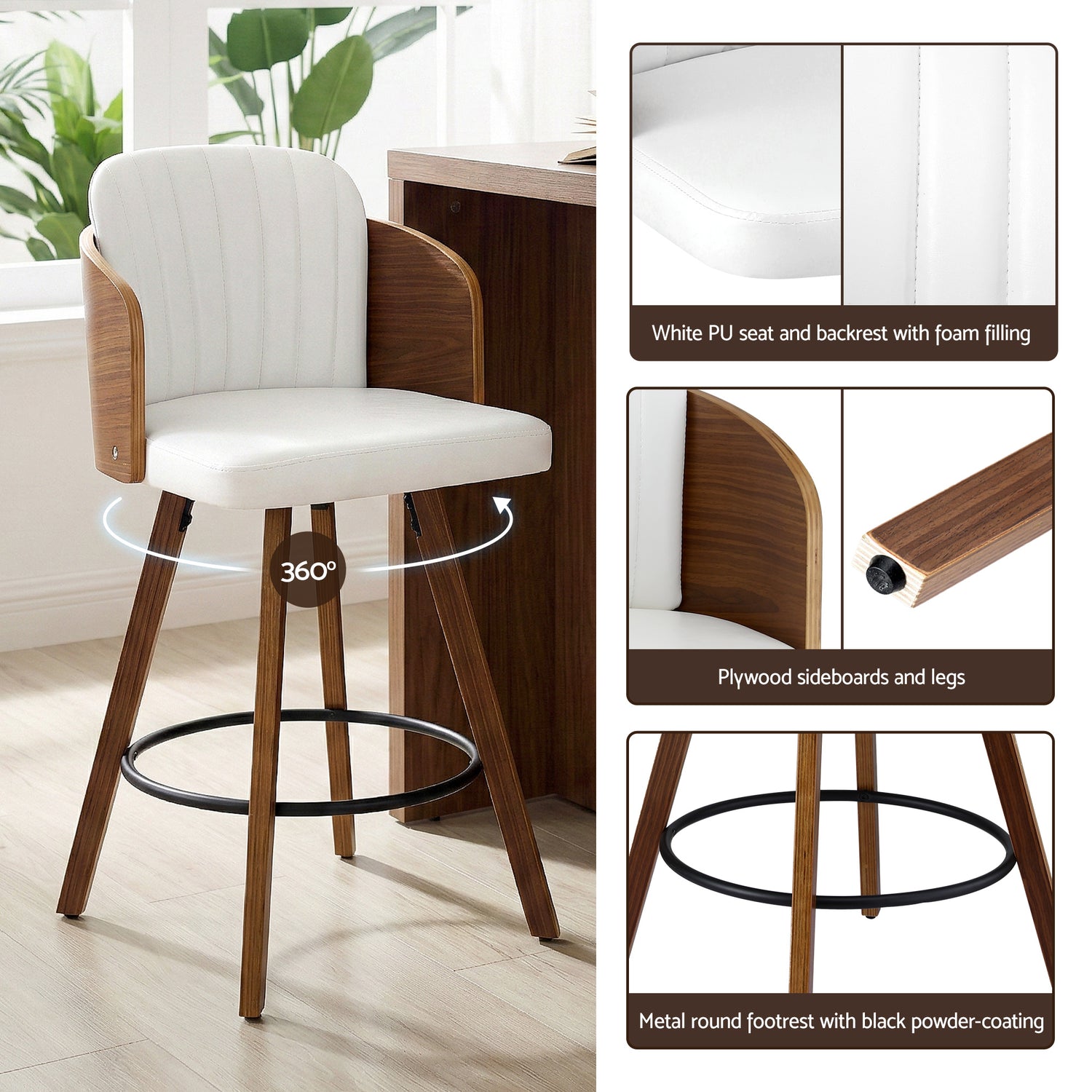 Artiss Wooden Bar Stools Swivel Kitchen Counter Stool Chair 58cm Seat Height-Furniture > Bar Stools &amp; Chairs > Table &amp; Bar Stools-PEROZ Accessories