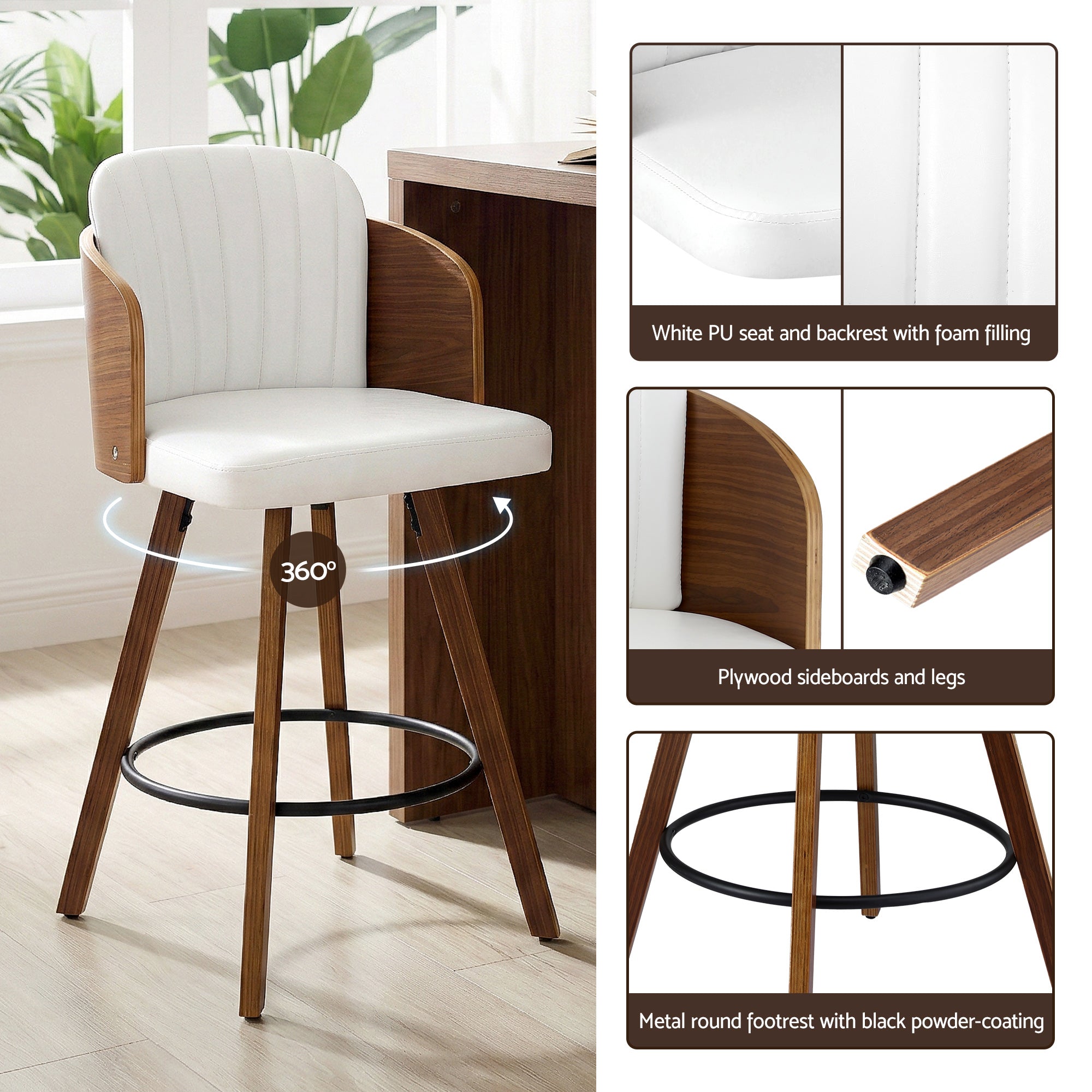 Artiss Wooden Bar Stools Swivel Kitchen Counter Stool Chair 58cm Seat Height-Furniture > Bar Stools &amp; Chairs > Table &amp; Bar Stools-PEROZ Accessories