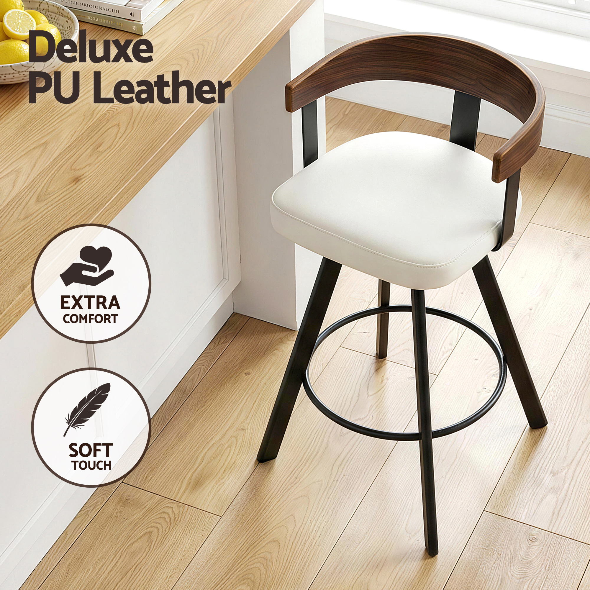 2x Artiss Bar Stools Swivel Kitchen Chairs Metal Legs Bentwood Counter White PU-Furniture > Bar Stools &amp; Chairs > Table &amp; Bar Stools-PEROZ Accessories