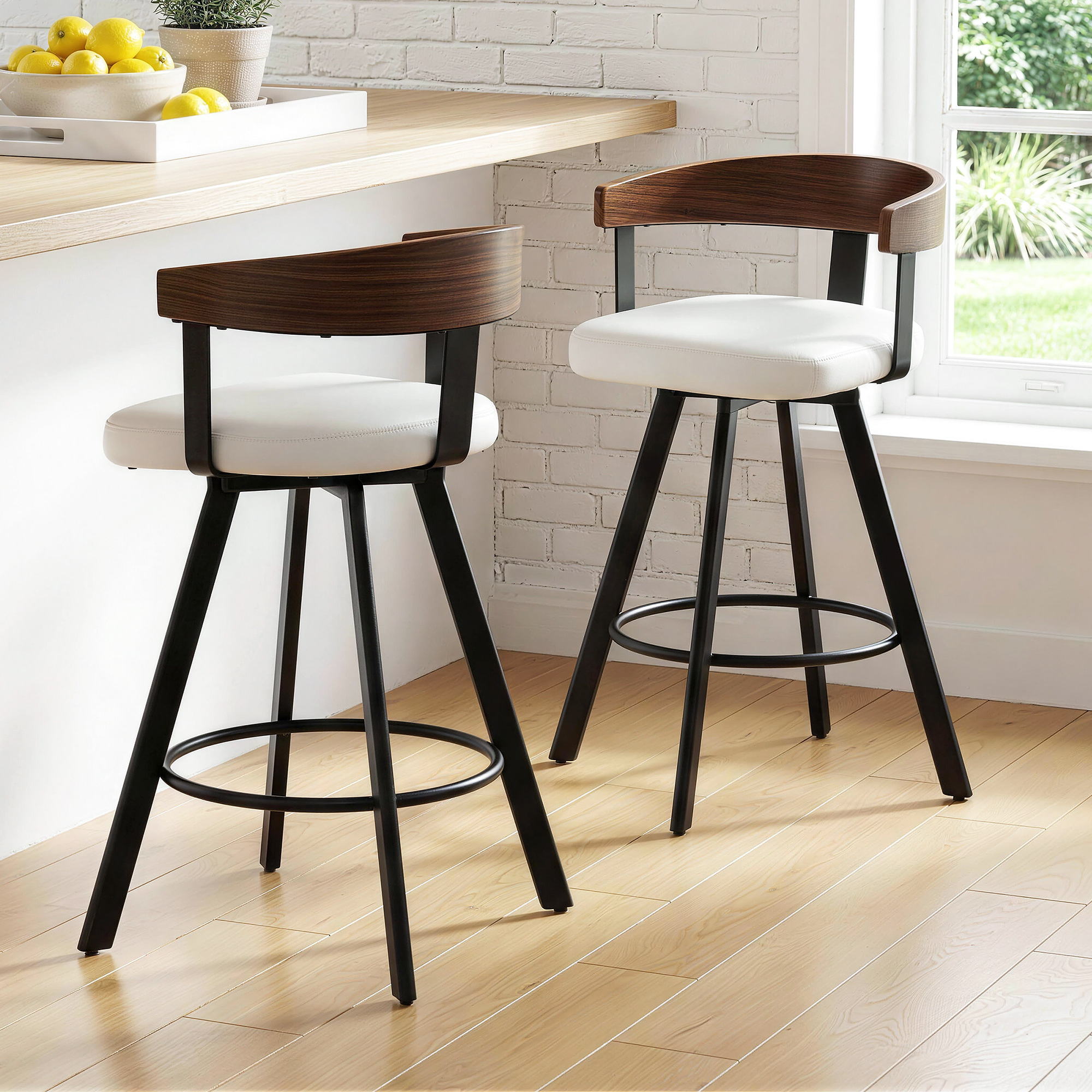 2x Artiss Bar Stools Swivel Kitchen Chairs Metal Legs Bentwood Counter White PU-Furniture > Bar Stools &amp; Chairs > Table &amp; Bar Stools-PEROZ Accessories