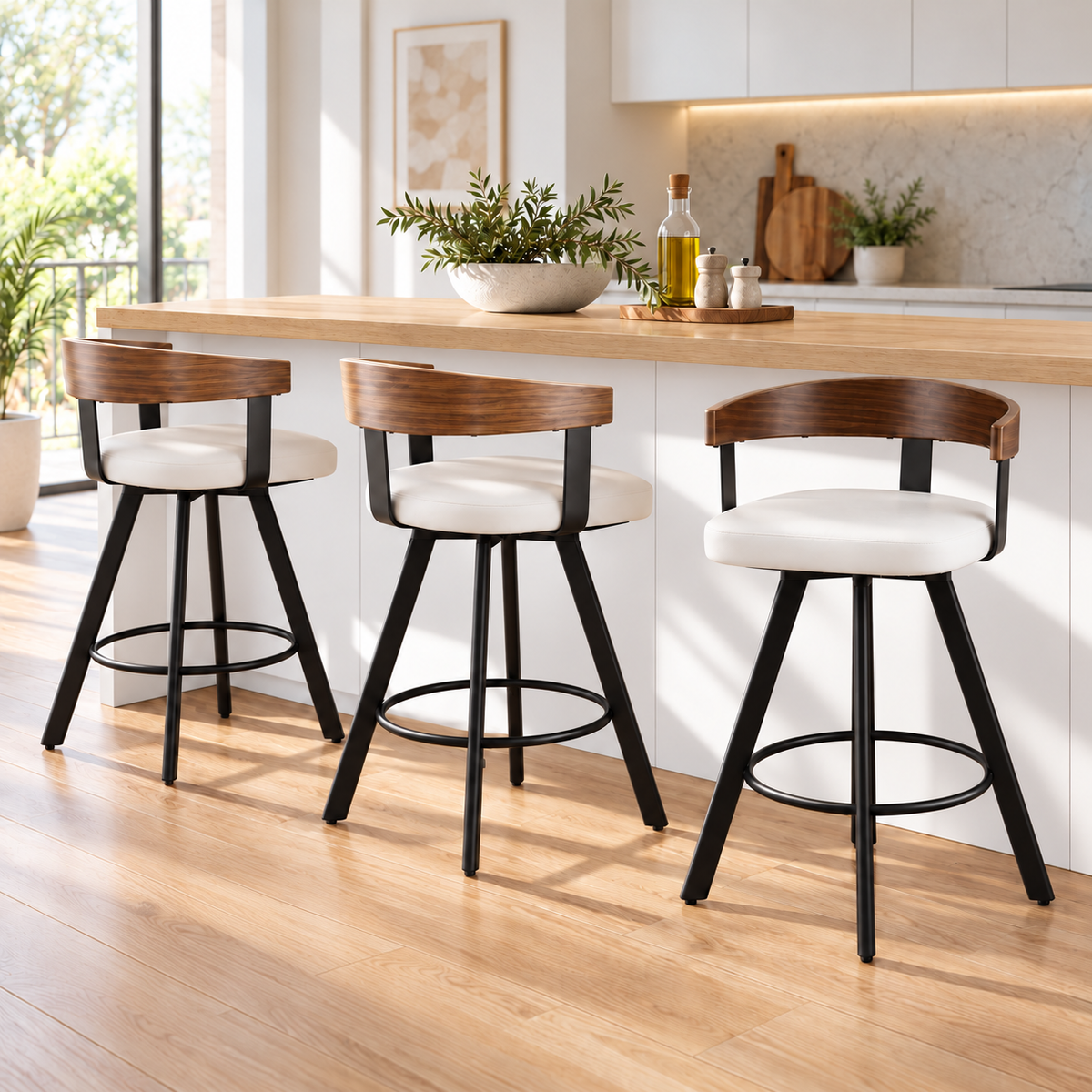Artiss Bar Stools Set of 3 Swivel Counter Height Barstools with Bentwood Backrest PU Leather White-Furniture > Bar Stools &amp; Chairs > Table &amp; Bar Stools-PEROZ Accessories
