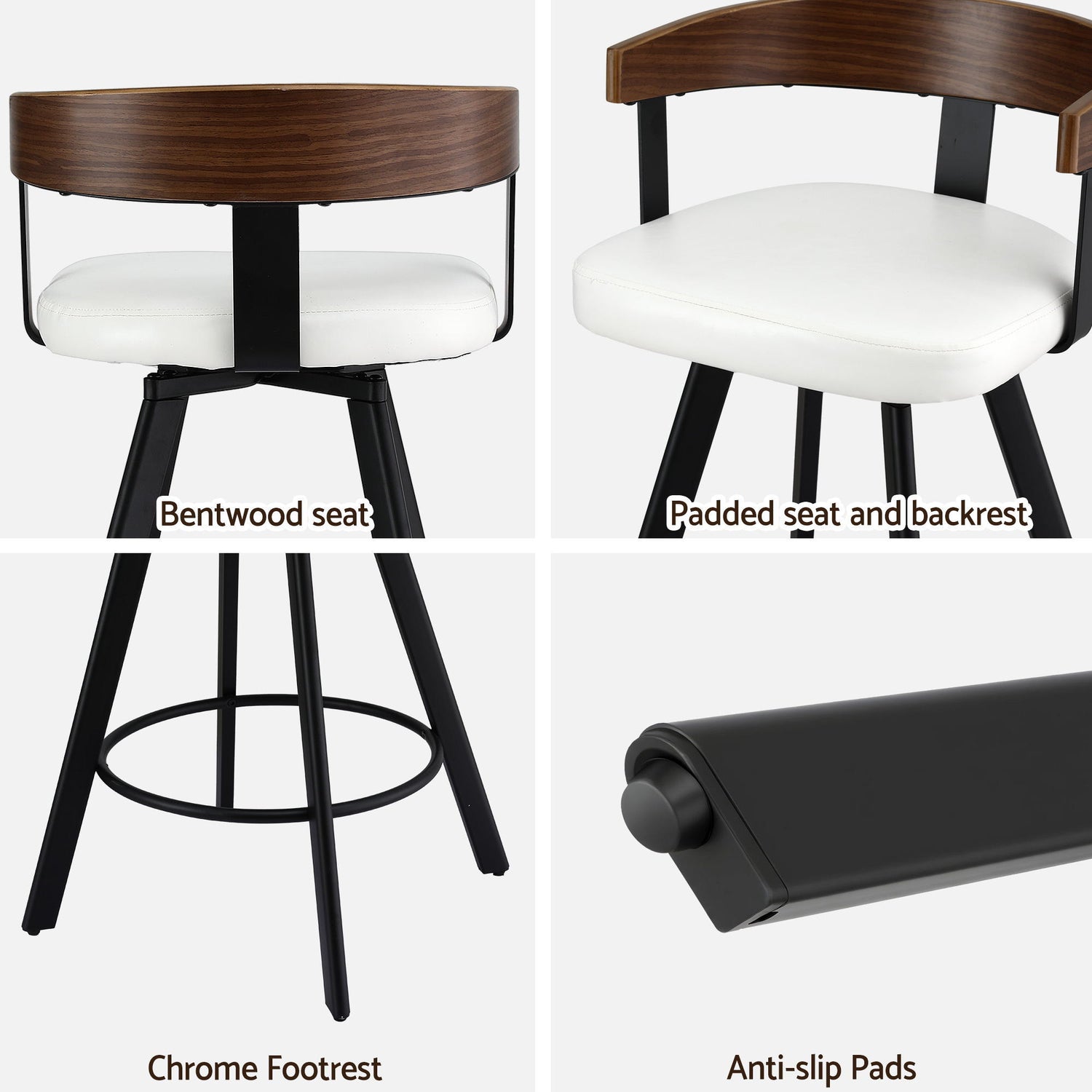 4x Artiss Bar Stools Swivel Kitchen Chairs Metal Legs Bentwood Counter White PU-Furniture > Bar Stools &amp; Chairs > Table &amp; Bar Stools-PEROZ Accessories