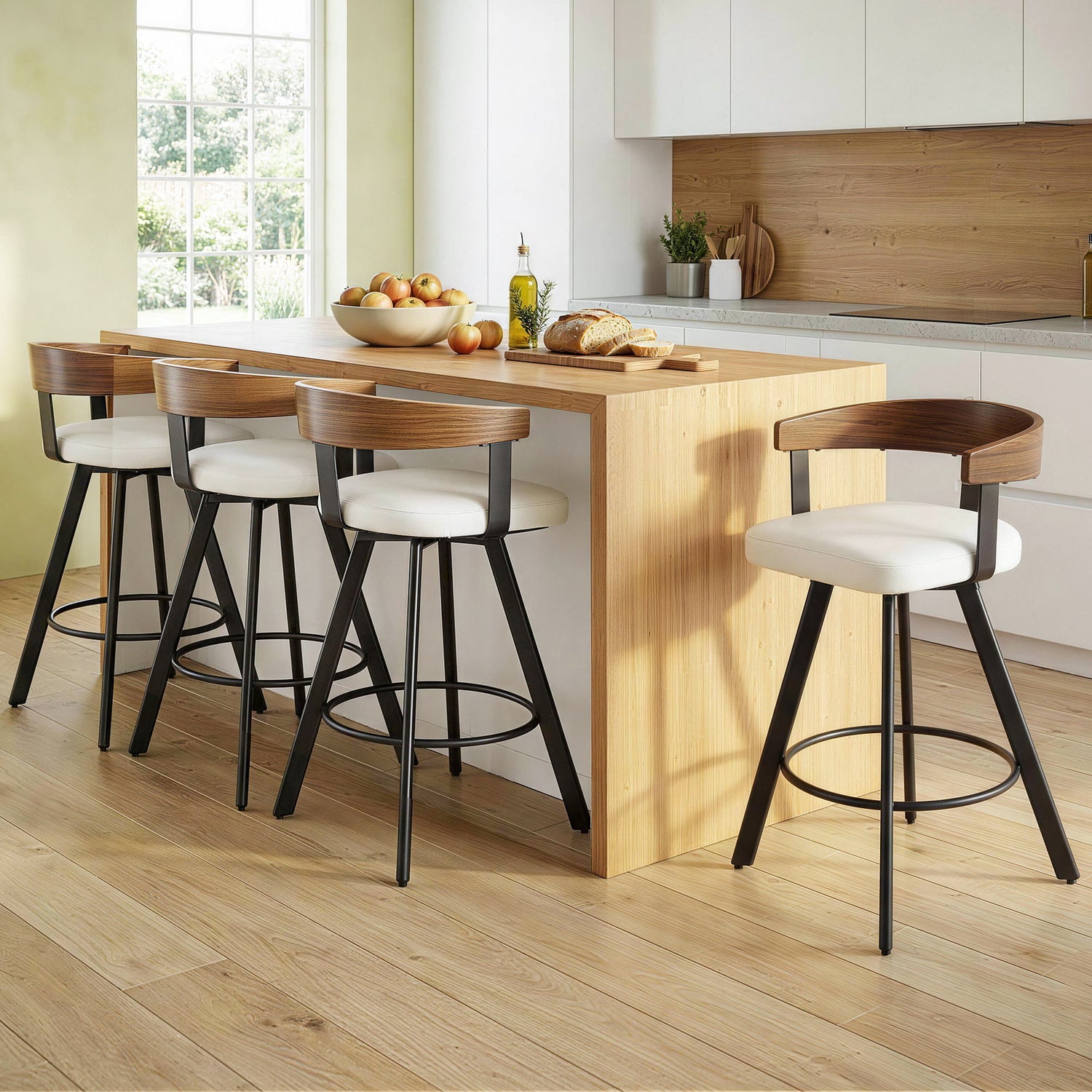 4x Artiss Bar Stools Swivel Kitchen Chairs Metal Legs Bentwood Counter White PU-Furniture > Bar Stools &amp; Chairs > Table &amp; Bar Stools-PEROZ Accessories