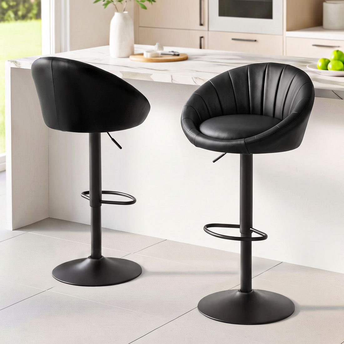 Artiss Bar Stool X2 Gas Lift Adjustable Rounded Shell Backrest PU Leather Black-Furniture > Bar Stools &amp; Chairs > Table &amp; Bar Stools-PEROZ Accessories