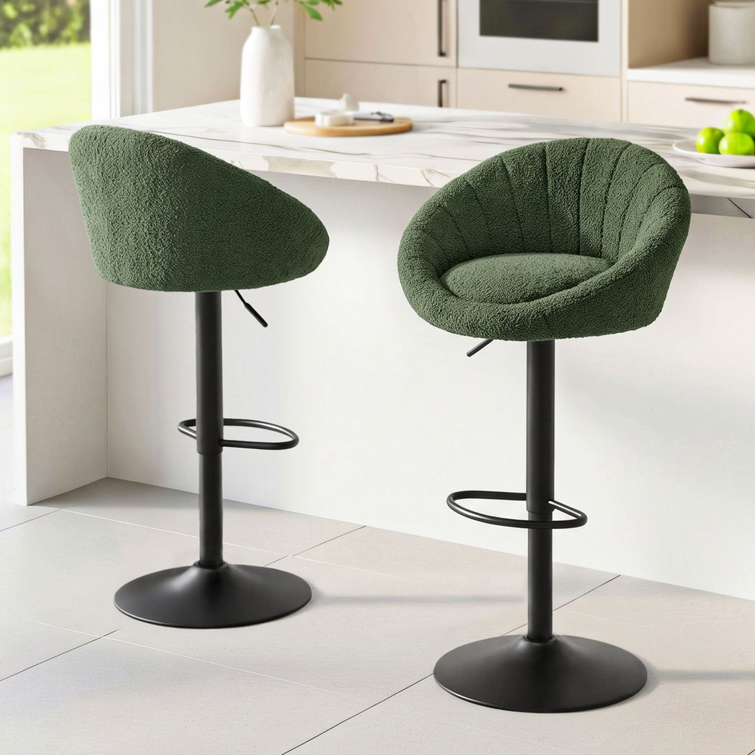 Artiss 2x Bar Stools Kitchen Chairs Gas Lift Adjustable Round Shell Boucle Green-Furniture > Bar Stools &amp; Chairs > Table &amp; Bar Stools-PEROZ Accessories