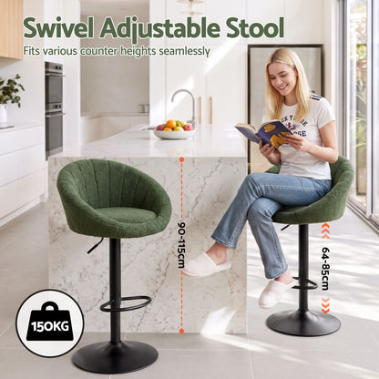 Artiss 2x Bar Stools Kitchen Chairs Gas Lift Adjustable Round Shell Boucle Green