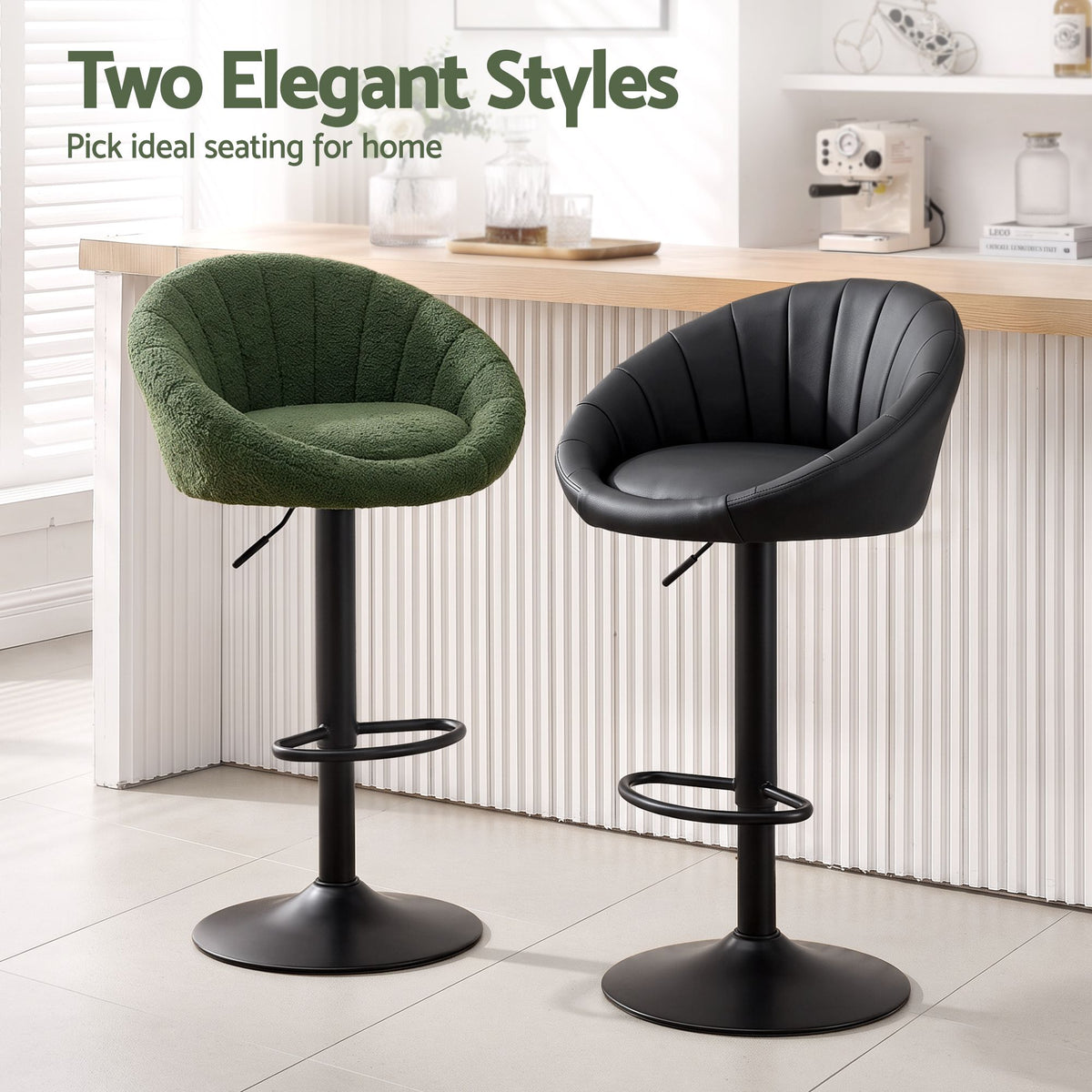 Artiss 2x Bar Stools Kitchen Chairs Gas Lift Adjustable Round Shell Boucle Green