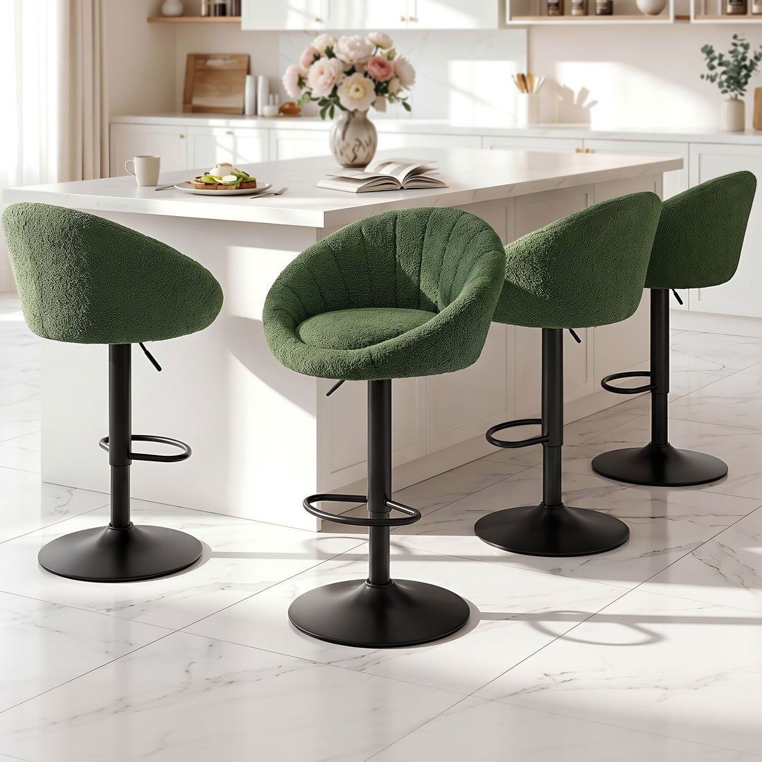 Artiss 4x Bar Stools Kitchen Chairs Gas Lift Adjustable Round Shell Boucle Green-Furniture > Bar Stools &amp; Chairs > Table &amp; Bar Stools-PEROZ Accessories