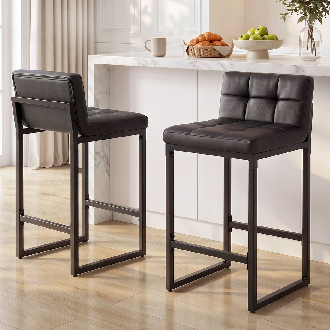 Artiss Bar Stools Set of 2 PU Leather Counter Chairs 65cm Seat Height with Low Back Black-Furniture > Bar Stools &amp; Chairs > Table &amp; Bar Stools-PEROZ Accessories