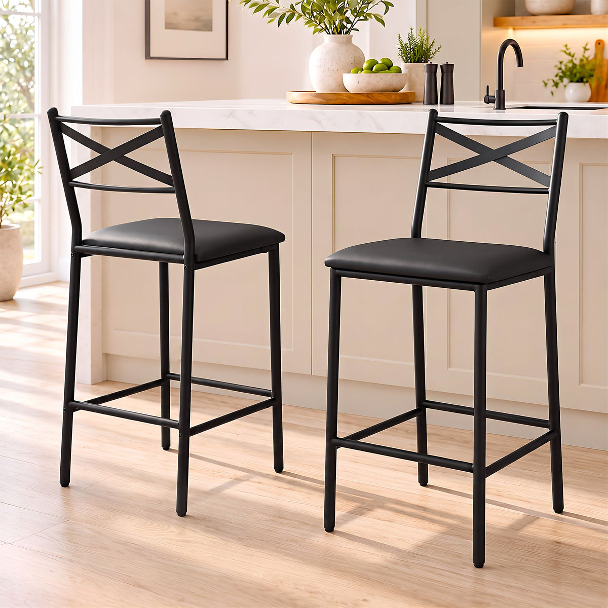 Artiss Bar Stools Set of 2 Counter 66cm Height Stools with Backrest, PU Cushioned Seat, Black-Furniture > Bar Stools &amp; Chairs > Table &amp; Bar Stools-PEROZ Accessories