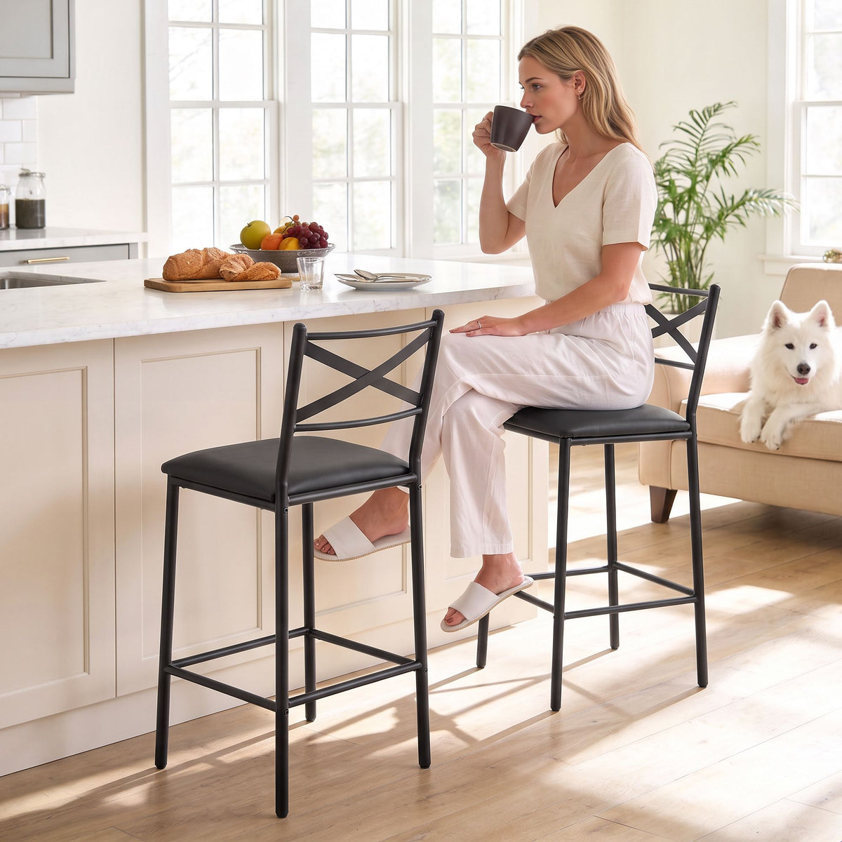 Artiss Bar Stools Set of 2 Counter 66cm Height Stools with Backrest, PU Cushioned Seat, Black-Furniture > Bar Stools &amp; Chairs > Table &amp; Bar Stools-PEROZ Accessories