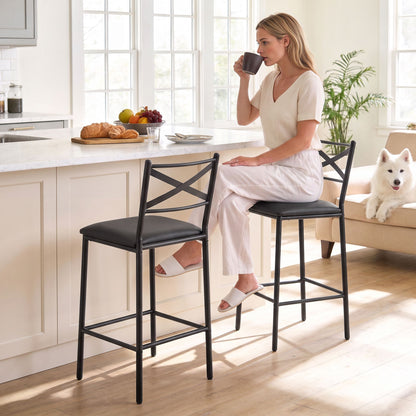 Artiss Bar Stools Set of 2 Counter 66cm Height Stools with Backrest, PU Cushioned Seat, Black-Furniture > Bar Stools &amp; Chairs > Table &amp; Bar Stools-PEROZ Accessories