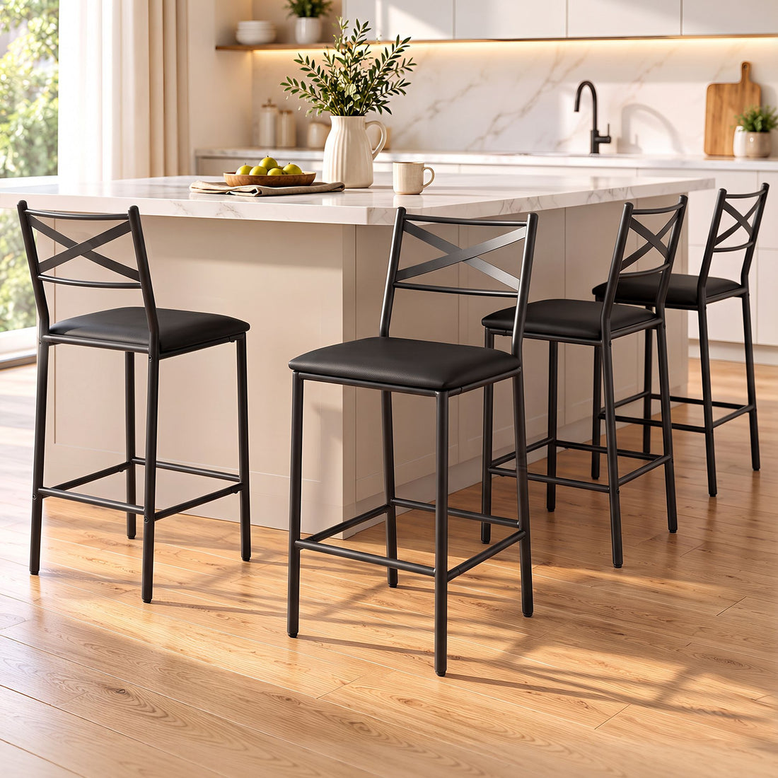 Artiss Bar Stools Set of 4 Counter 66cm Height Stools with Backrest, PU Cushioned Seat, Black-Furniture > Bar Stools &amp; Chairs > Table &amp; Bar Stools-PEROZ Accessories