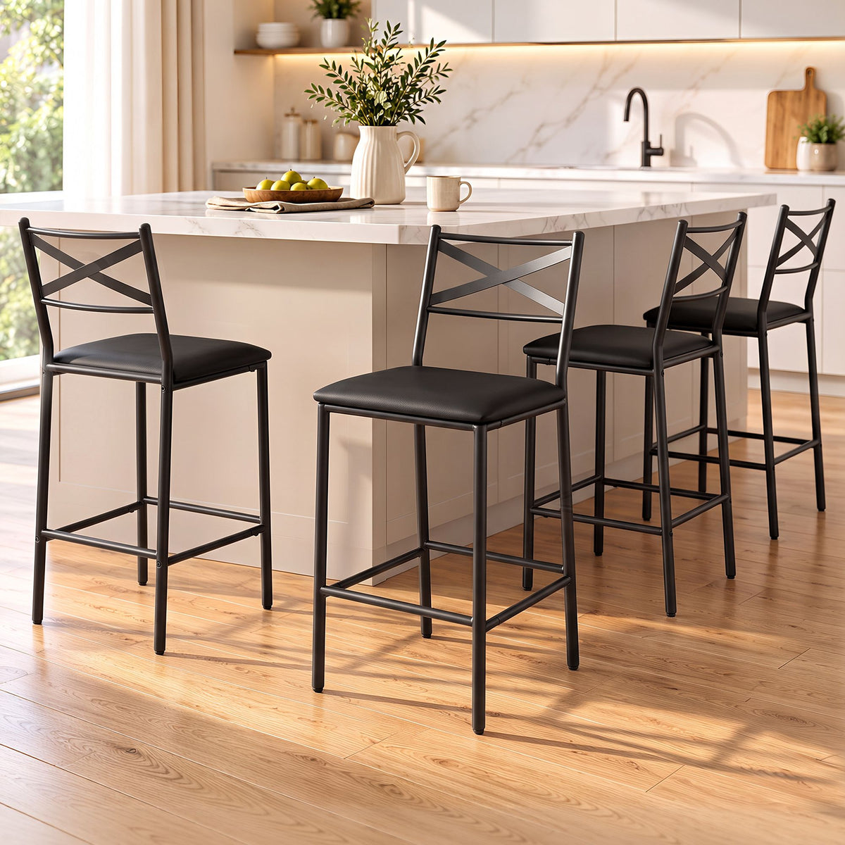 Artiss Bar Stools Set of 4 Counter 66cm Height Stools with Backrest, PU Cushioned Seat, Black-Furniture > Bar Stools &amp; Chairs > Table &amp; Bar Stools-PEROZ Accessories