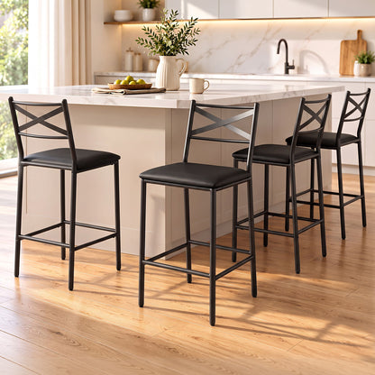 Artiss Bar Stools Set of 4 Counter 66cm Height Stools with Backrest, PU Cushioned Seat, Black-Furniture > Bar Stools &amp; Chairs > Table &amp; Bar Stools-PEROZ Accessories