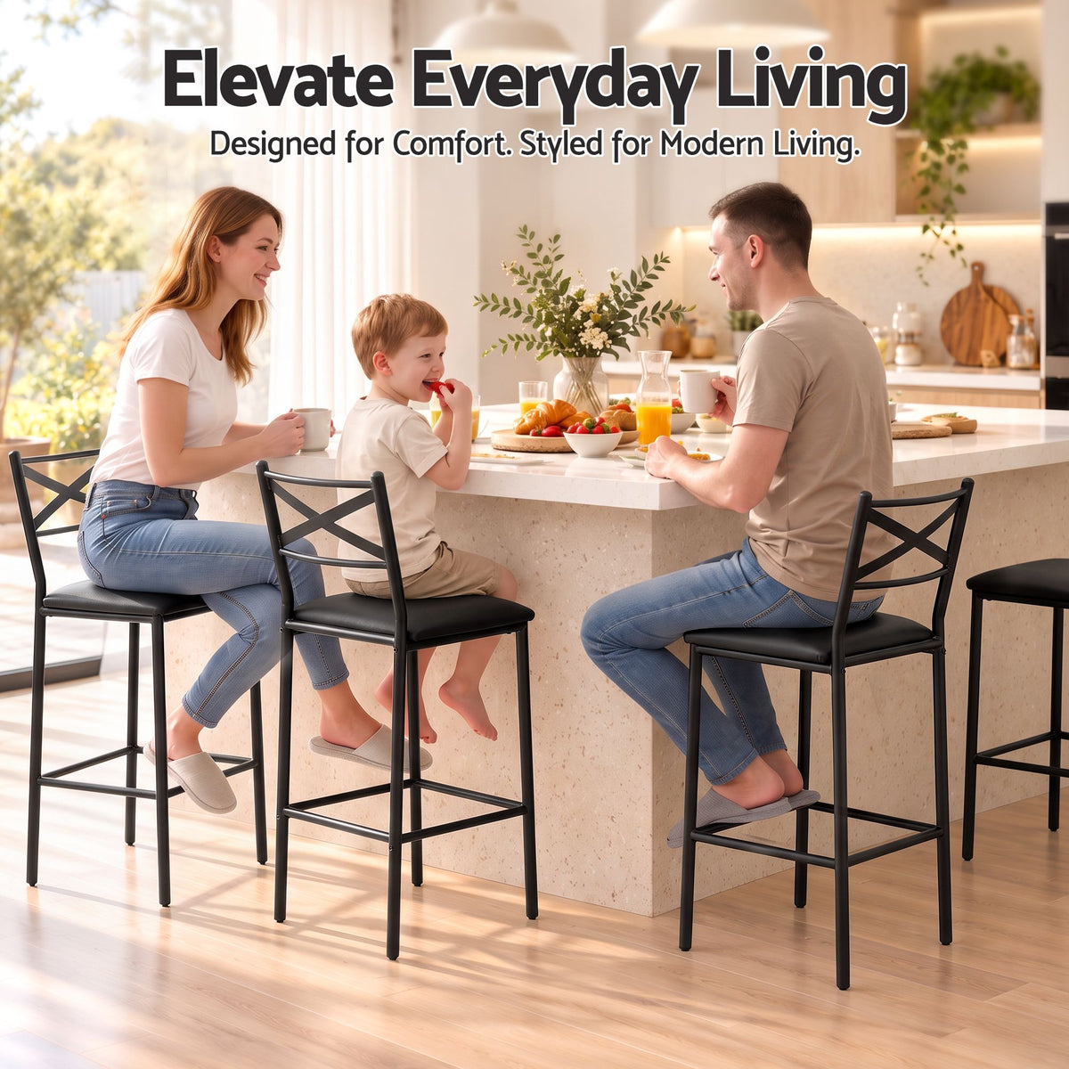 Artiss Bar Stools Set of 4 Counter 66cm Height Stools with Backrest, PU Cushioned Seat, Black-Furniture > Bar Stools &amp; Chairs > Table &amp; Bar Stools-PEROZ Accessories