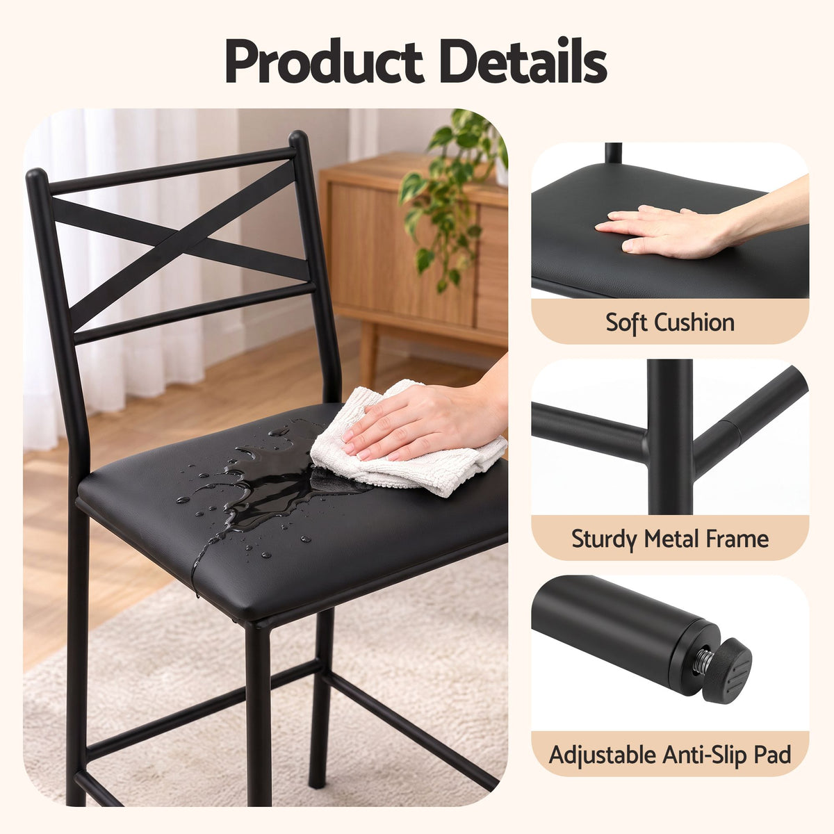 Artiss Bar Stools Set of 4 Counter 66cm Height Stools with Backrest, PU Cushioned Seat, Black-Furniture > Bar Stools &amp; Chairs > Table &amp; Bar Stools-PEROZ Accessories