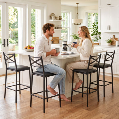 Artiss Bar Stools Set of 4 Counter 66cm Height Stools with Backrest, PU Cushioned Seat, Black-Furniture > Bar Stools &amp; Chairs > Table &amp; Bar Stools-PEROZ Accessories