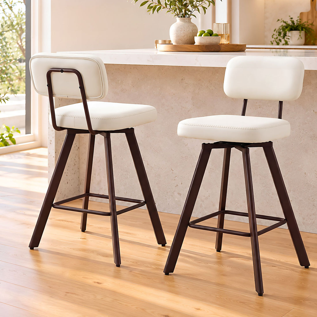 Artiss Bar Stools Set of 2 Swivel Counter 68cm Height Stools w/ Padded Backrest Beige-Furniture > Bar Stools &amp; Chairs > Table &amp; Bar Stools-PEROZ Accessories
