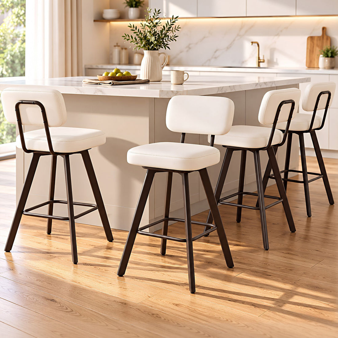 Artiss Bar Stools Set of 4 Swivel Counter 68cm Height Stools w/ Padded Backrest Beige-Furniture > Bar Stools &amp; Chairs > Table &amp; Bar Stools-PEROZ Accessories