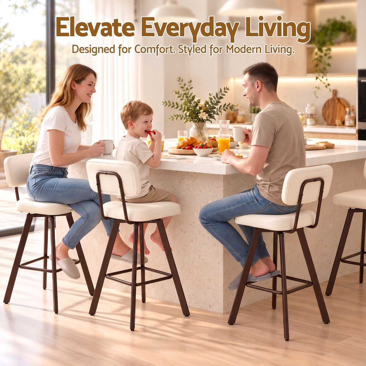 Artiss Bar Stools Set of 4 Swivel Counter 68cm Height Stools w/ Padded Backrest Beige