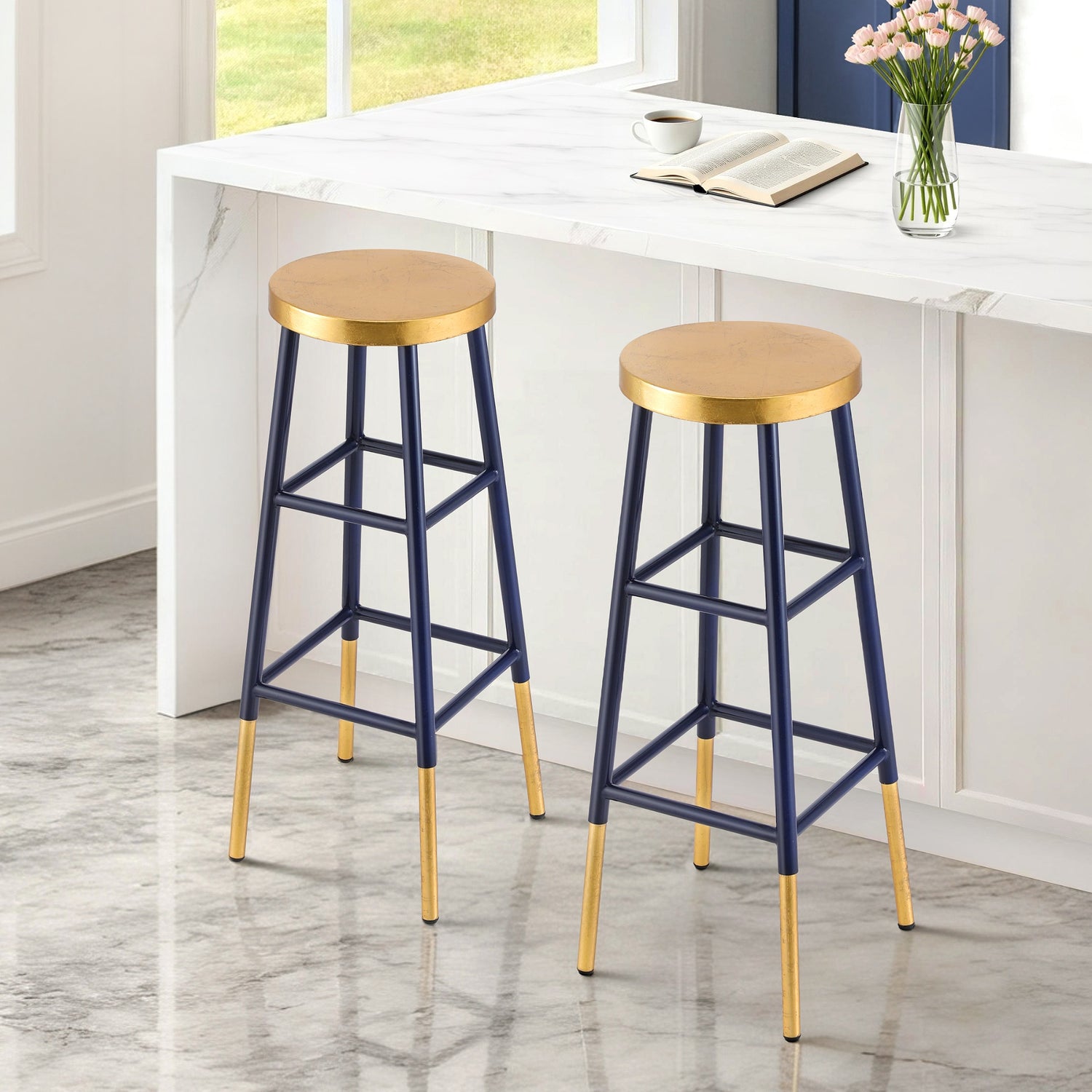 Artiss 2x Bar Stools Metal Gold Navy-Furniture > Bar Stools &amp; Chairs > Table &amp; Bar Stools-PEROZ Accessories