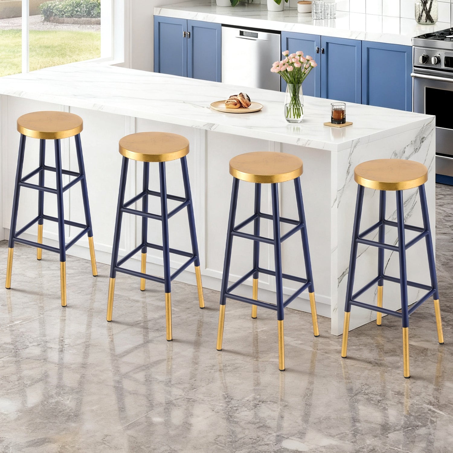Artiss 4x Bar Stools Metal Gold Navy-Furniture > Bar Stools &amp; Chairs > Table &amp; Bar Stools-PEROZ Accessories