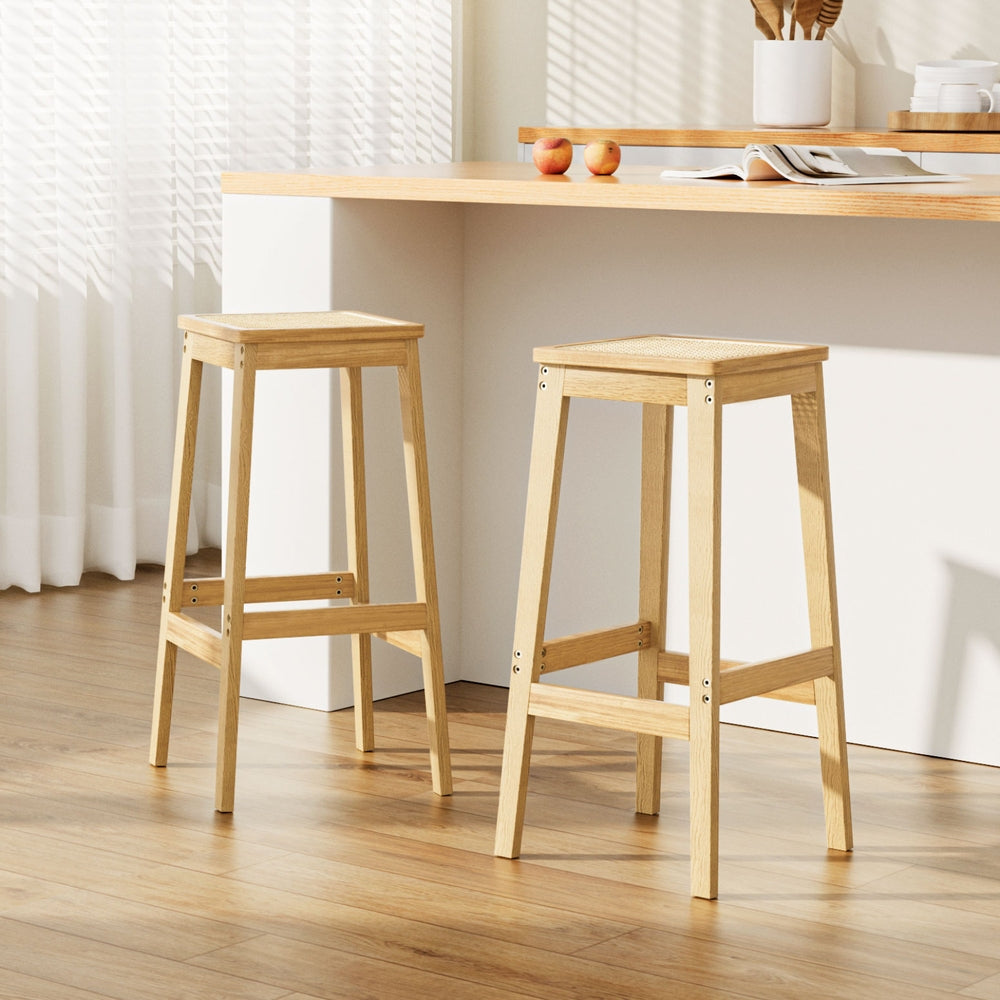 Artiss 2x Bar Stools Rubber Wood Stool Counter Chair Rattan Barstools Kitchen-Furniture &gt; Bar Stools &amp; Chairs-PEROZ Accessories