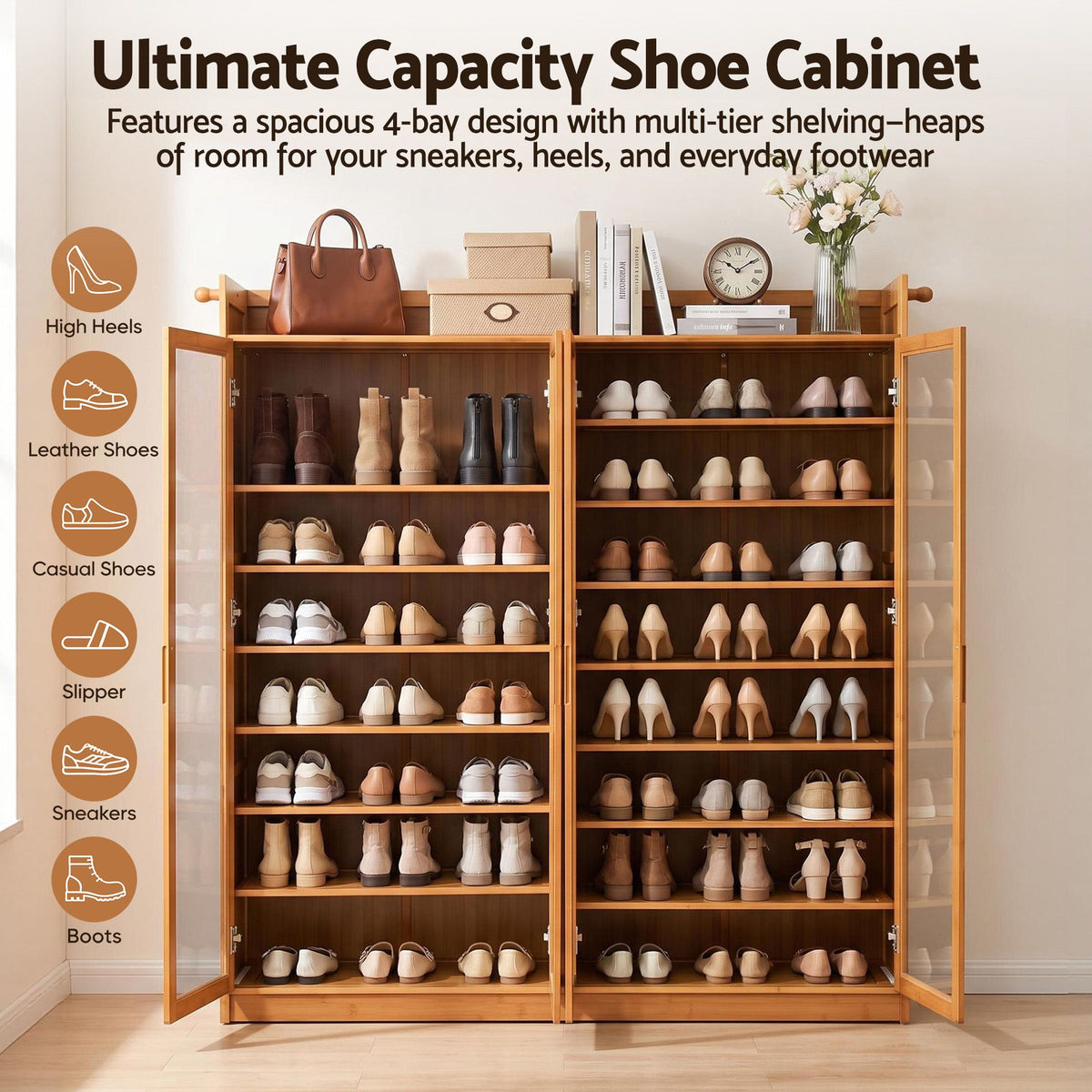 Artiss Shoe Cabinet 25 Pairs Shoe Storage Cupboard Umbrella Hook Raised Top Edge Wood-Furniture > Living Room > Shoe Storage-PEROZ Accessories