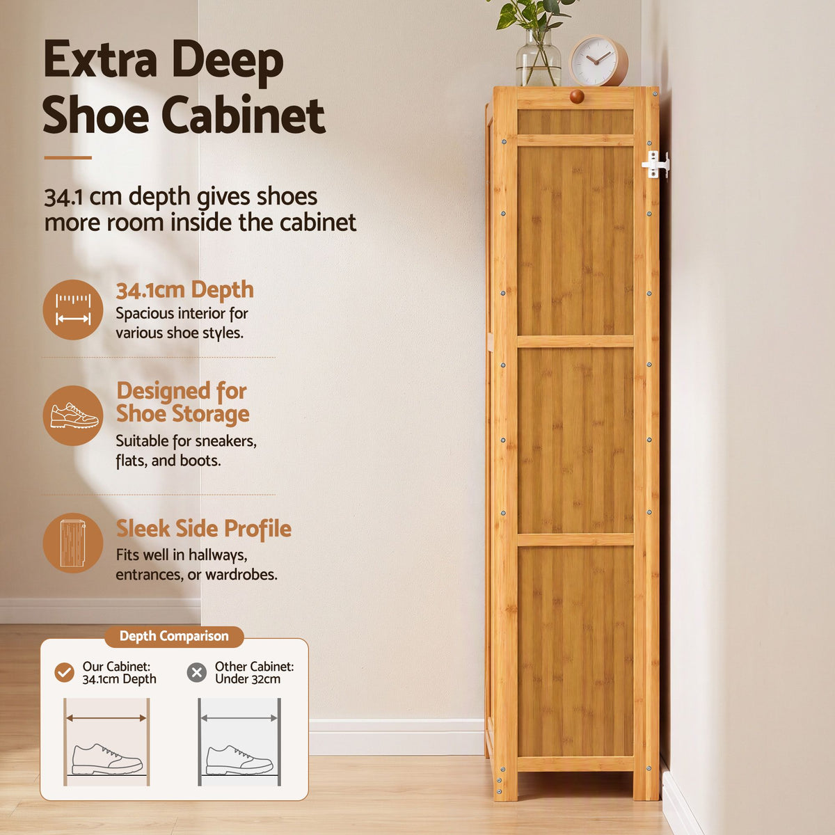Artiss Shoe Cabinet 25 Pairs Shoe Storage Cupboard Umbrella Hook Raised Top Edge Wood-Furniture > Living Room > Shoe Storage-PEROZ Accessories