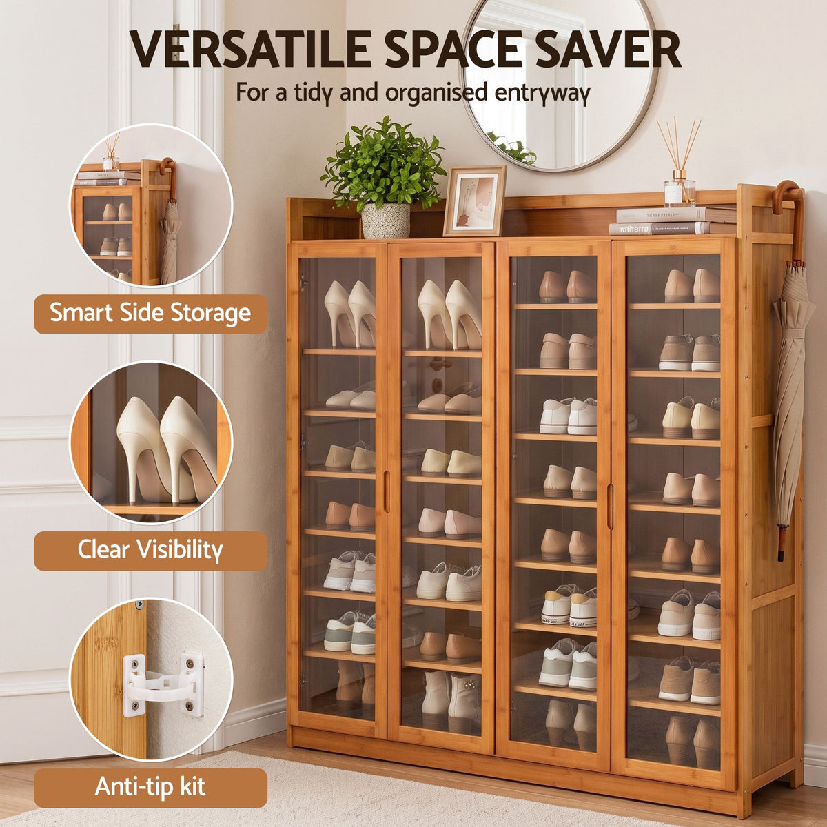 Artiss Shoe Cabinet 25 Pairs Shoe Storage Cupboard Umbrella Hook Raised Top Edge Wood-Furniture > Living Room > Shoe Storage-PEROZ Accessories