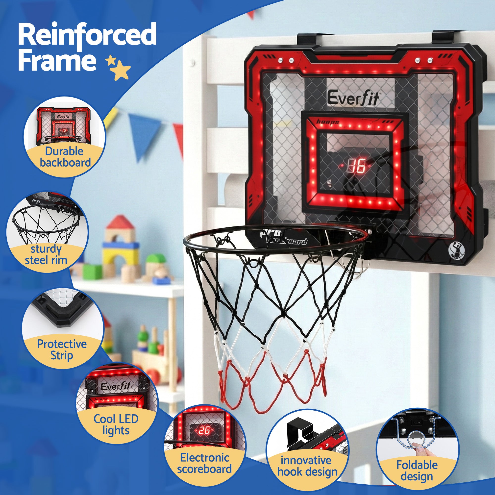 Everfit Mini Basketball Hoop Over Door Indoor LED Scoreboard Kids Set 40x30cm-Sports &amp; Fitness > Ball Sports > Basketball &amp; Basketball Accessories-PEROZ Accessories
