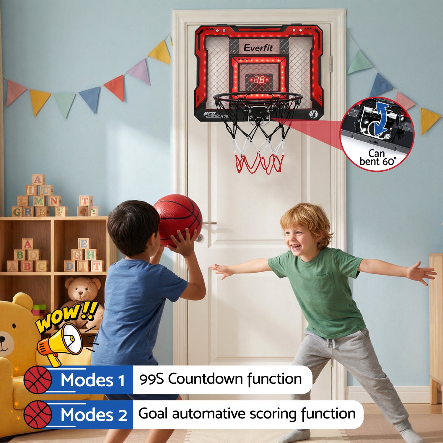 Everfit Mini Basketball Hoop Over Door Indoor LED Scoreboard Kids Set 40x30cm-Sports &amp; Fitness > Ball Sports > Basketball &amp; Basketball Accessories-PEROZ Accessories