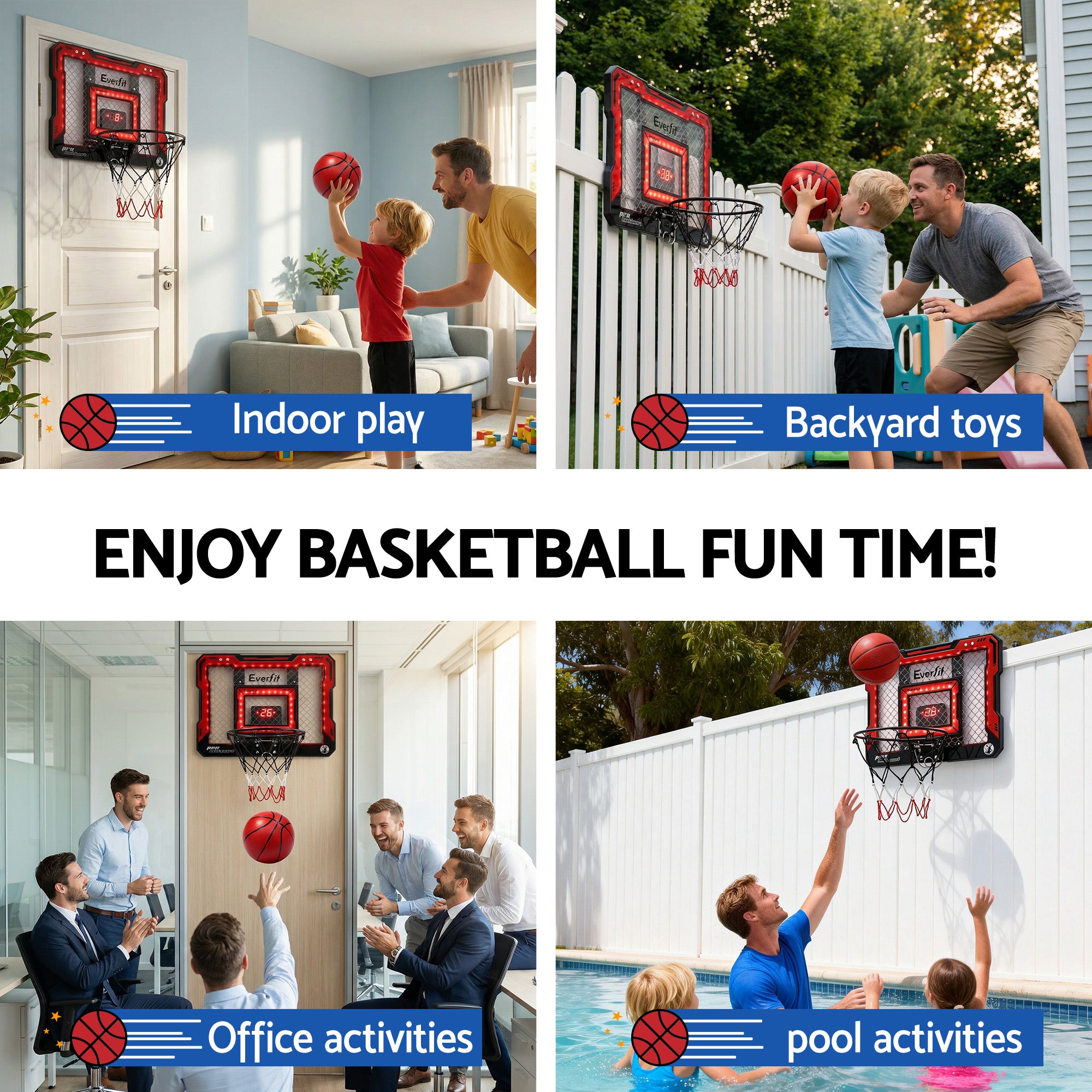 Everfit Mini Basketball Hoop Over Door Indoor LED Scoreboard Kids Set 40x30cm-Sports &amp; Fitness > Ball Sports > Basketball &amp; Basketball Accessories-PEROZ Accessories
