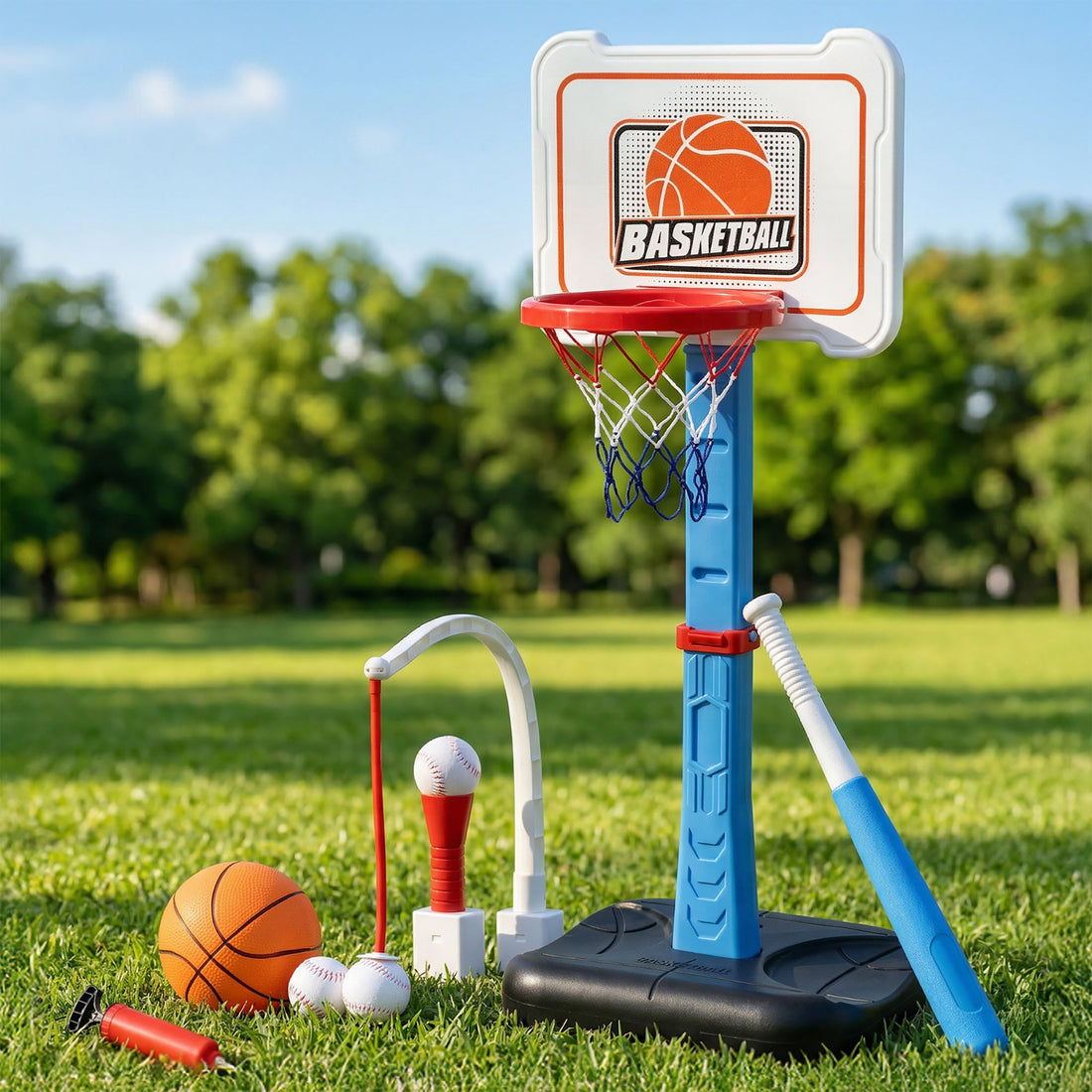 Keezi Kids Basketball Hoop Stand Baseball Set Adjustable Height Sports Toys Blue-Sports &amp; Fitness > Ball Sports > Basketball &amp; Basketball Accessories-PEROZ Accessories