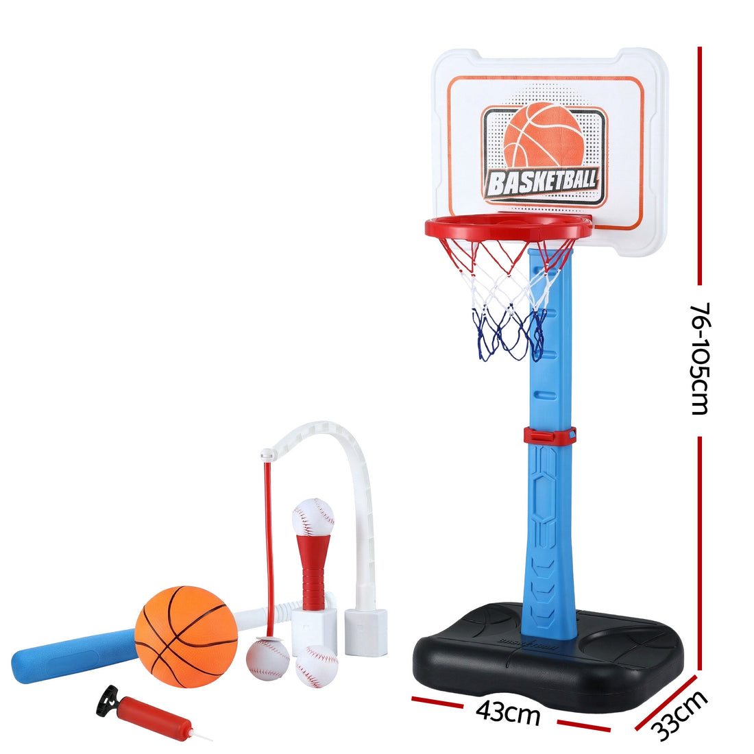Keezi Kids Basketball Hoop Stand Baseball Set Adjustable Height Sports Toys Blue-Sports &amp; Fitness > Ball Sports > Basketball &amp; Basketball Accessories-PEROZ Accessories
