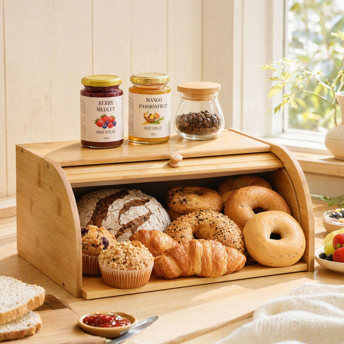 Artiss Bamboo Bread Box Bin Roll Top Kitchen Countertop Storage 45cm Natural-Home &amp; Garden > Kitchenware > Food Storage-PEROZ Accessories