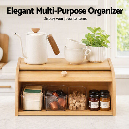 Artiss Bamboo Bread Box Bin Roll Top Kitchen Countertop Storage 45cm Natural